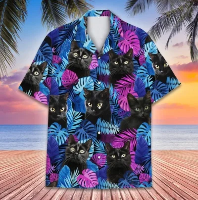 Tropical Black Cat Hawaiian Shirts for Men Women, Aloha Summer Beach Cat Shirt